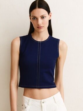NEW Caroline Constas Navy Sleeveless Crop Tank Top Size Medium Contrast Stitch